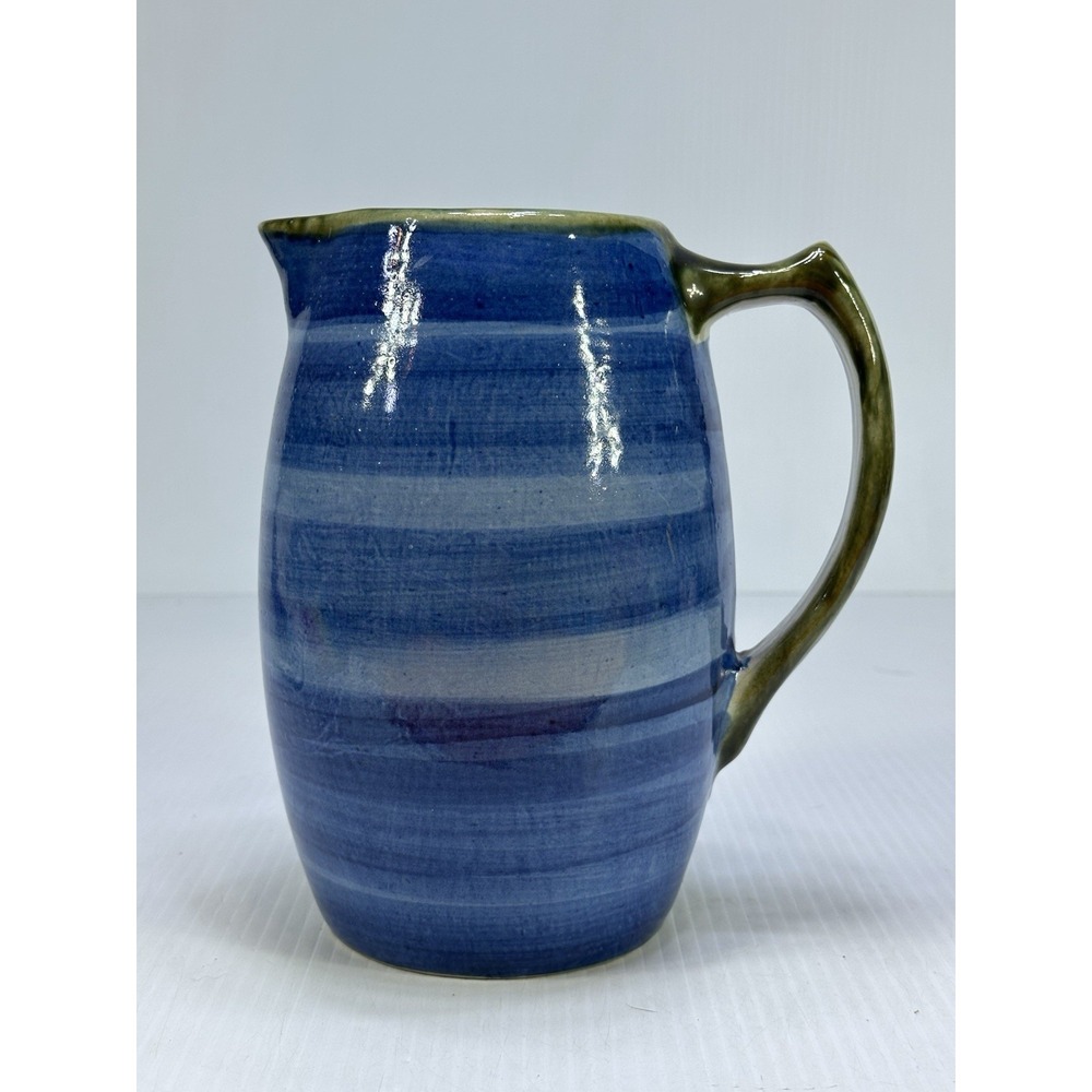 John B Taylor Louisville Pottery Pitcher Blue Stripes Green Trim Made In USA
